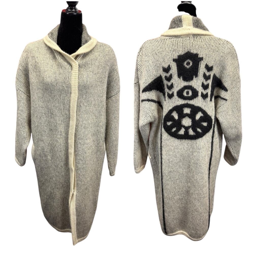 Belldini Wool Blend Cardigan Sweater Coat Gray Tribal Pattern Zip Size M